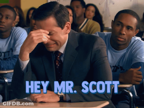 A Man Sitting In A Classroom With The Words Hey Mr. Scott Written Above Him GIF