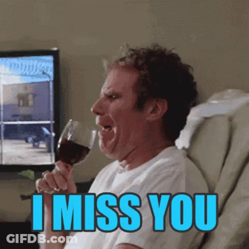A Man Sitting In A Hospital Bed Drinking A Glass Of Wine With The Words I Miss You Above Him GIF