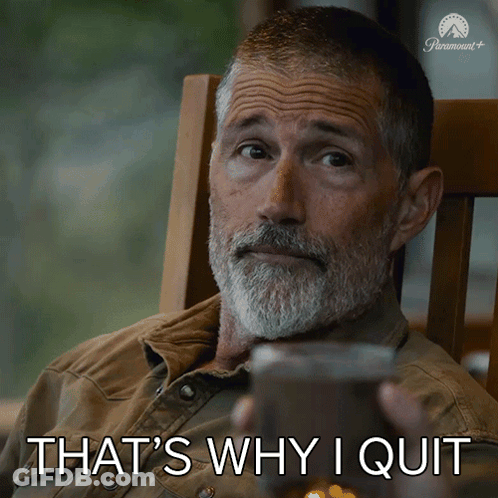 A Man Sitting In A Rocking Chair With The Words That 'S Why I Quit Above Him GIF