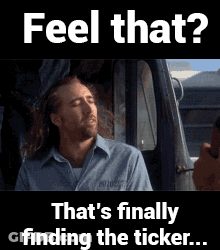 A Man Sitting In A Truck With The Words Feel That That 'S Finally Finding The Ticker Written Below Him GIF