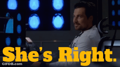 A Man Sitting In Front Of A Computer Screen With The Words She 'S Right Written In Yellow GIF