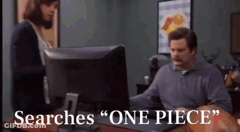 A Man Sitting In Front Of A Computer With The Words Searches " One Piece " Written On The Screen GIF