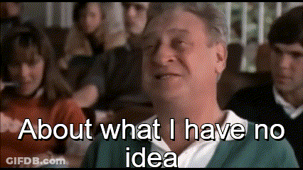 A Man Sitting In Front Of A Crowd With The Words About What I Have No Idea GIF