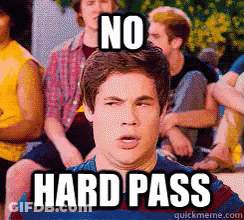 A Man Sitting In Front Of A Group Of People With The Words No Hard Pass Written On His Face GIF