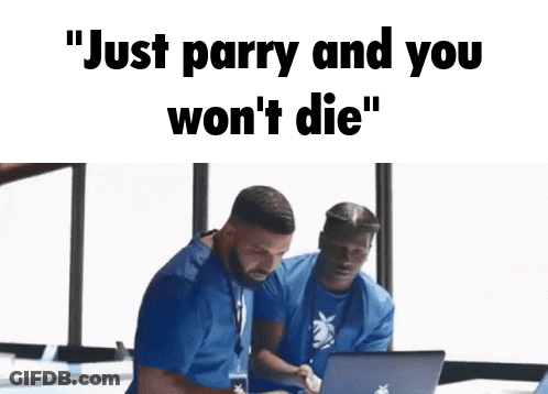 A Man Sitting In Front Of A Laptop With The Words Just Parry And You Won 'T Die GIF