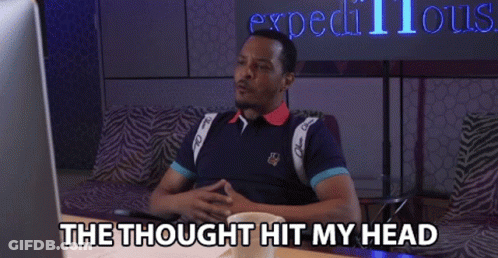 A Man Sitting In Front Of A Laptop With The Words " The Thought Hit My Head " Above Him GIF