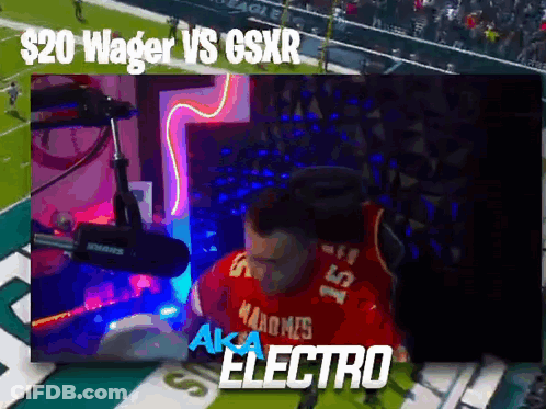 A Man Sitting In Front Of A Microphone With The Words $ 20 Wager Vs Gsxr On The Bottom GIF