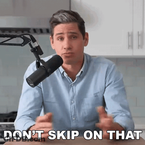 A Man Sitting In Front Of A Microphone With The Words " Don 'T Skip On That " Below Him GIF