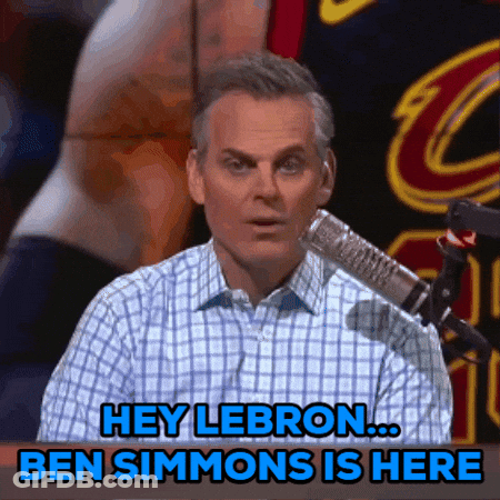 A Man Sitting In Front Of A Microphone With The Words Hey Lebron Ben Simmons Is Here Below Him GIF