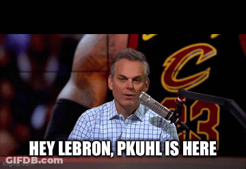 A Man Sitting In Front Of A Microphone With The Words Hey Lebron Pkuhl Is Here GIF