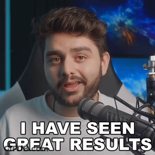 A Man Sitting In Front Of A Microphone With The Words I Have Seen Great Results Below Him GIF