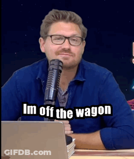A Man Sitting In Front Of A Microphone With The Words Im Off The Wagon Written Below Him GIF