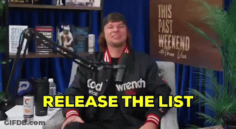 A Man Sitting In Front Of A Microphone With The Words Release The List GIF
