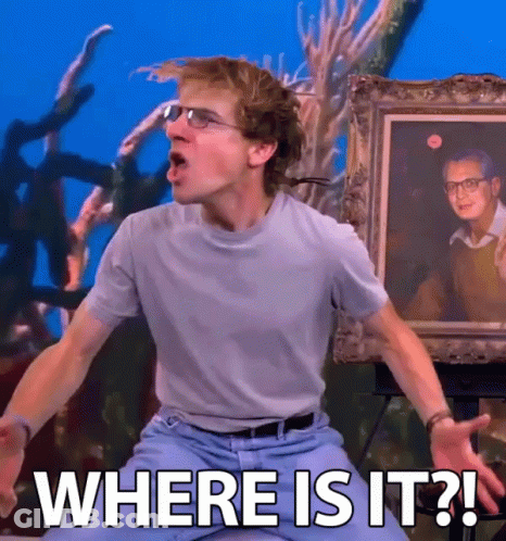 A Man Sitting In Front Of A Painting With The Words " Where Is It " GIF