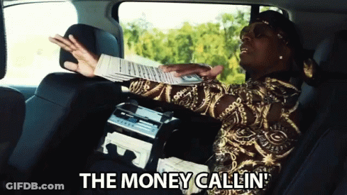 A Man Sitting In The Back Seat Of A Car Holding A Bunch Of Money And Says The Money Callin GIF