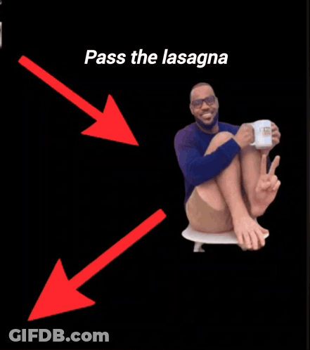 A Man Sitting Next To A Pan Of Lasagna With The Words Pass The Lasagna Below Him GIF