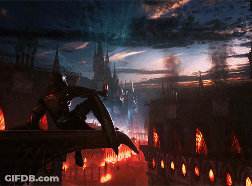A Man Sitting On A Balcony With A Sword And Shield In Front Of A Burning Castle GIF