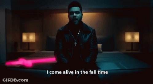 A Man Sitting On A Bed With The Words " I Come Alive In The Fall Time " Written Below Him GIF