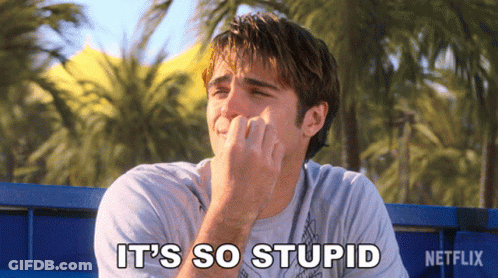 A Man Sitting On A Bench With The Words " It 'S So Stupid " Written Above Him GIF