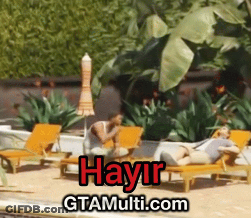 A Man Sitting On A Chair Next To A Woman Laying On A Lounge Chair With Hayir Gtamulti.com Written On It GIF