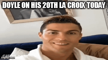 A Man Sitting On A Couch With A Caption That Reads Doyle On His 20Th La Croix Today GIF