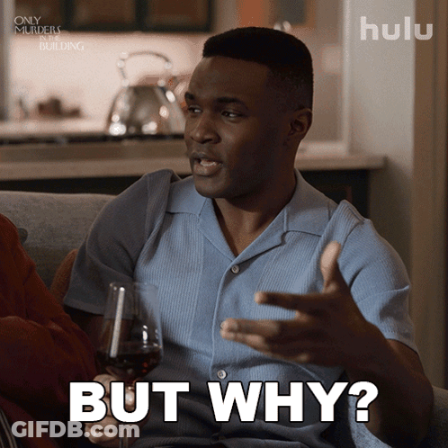 A Man Sitting On A Couch With A Glass Of Wine And The Words But Why Below Him GIF