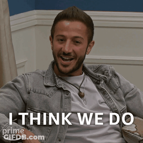 A Man Sitting On A Couch With The Words " I Think We Do " Above Him GIF