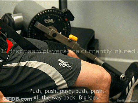A Man Sitting On A Machine With The Words " Push Push Push Push All The Way Back Big Kick " On The Bottom GIF