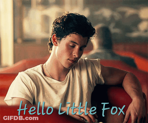 A Man Sitting On A Red Couch With The Words Hello Little Fox Written Below Him GIF