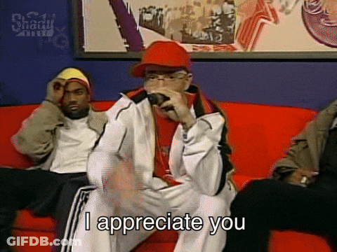 A Man Sitting On A Red Couch With The Words I Appreciate You On The Bottom GIF