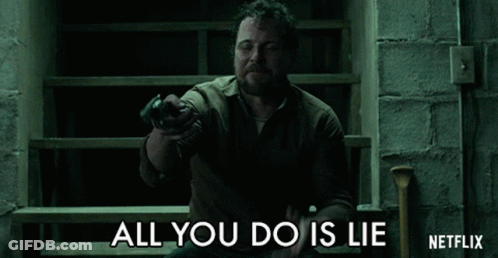 A Man Sitting On A Set Of Stairs With The Words " All You Do Is Lie " Behind Him GIF