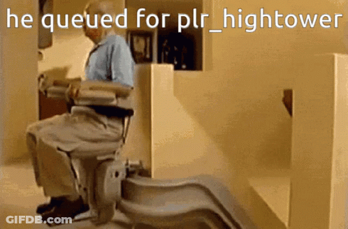 A Man Sitting On A Stair Lift With The Words He Queued For Plr Hightower GIF