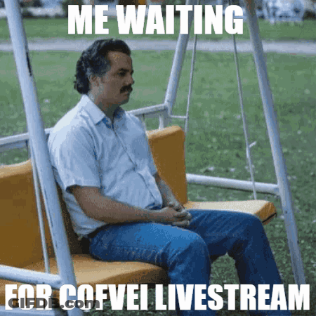 A Man Sitting On A Swing With The Words Me Waiting For Coffel Livestream GIF