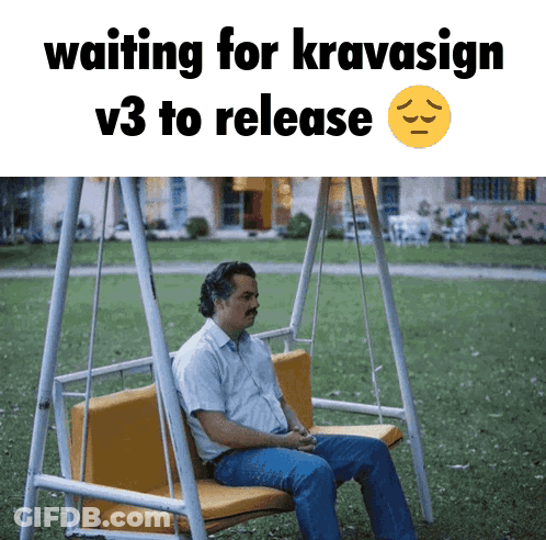 A Man Sitting On A Swing With The Words Waiting For Kravasign V3 To Release Above Him GIF