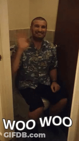 A Man Sitting On A Toilet With The Words Woo Woo Written Below Him GIF