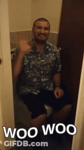 A Man Sitting On A Toilet With The Words Woo Woo Written Below Him GIF