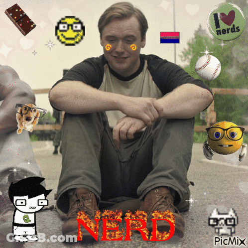 A Man Sitting On The Ground With The Word Nerd Written On His Shoes GIF