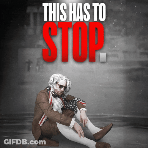 A Man Sitting On The Ground With The Words This Has To Stop Above Him GIF