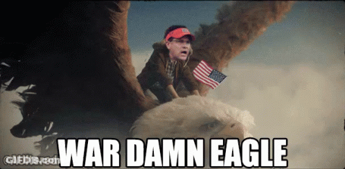 A Man Sitting On Top Of A Bald Eagle With The Words War Damn Eagle Written Below Him GIF