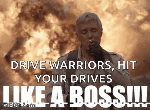 A Man Smoking A Cigarette With The Words Drive Warriors Hit Your Drives Like A Boss On The Bottom GIF