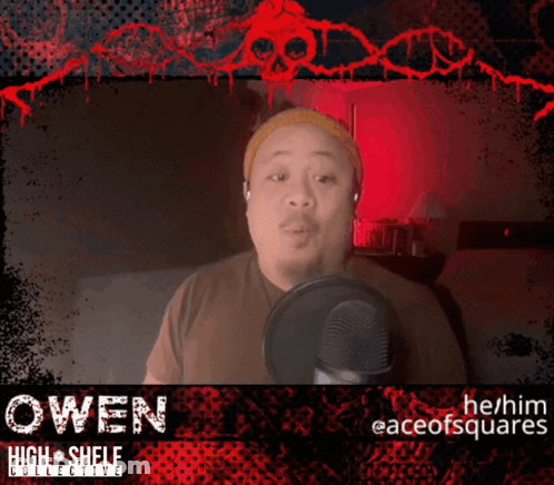 A Man Speaking Into A Microphone With The Name Owen GIF