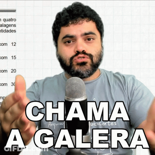 A Man Speaking Into A Microphone With The Words Chama A Galera On The Bottom GIF