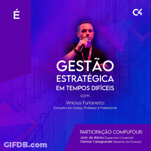 A Man Speaking Into A Microphone With The Words Gestão Estrategica Em Tempos Difíceis Below Him GIF