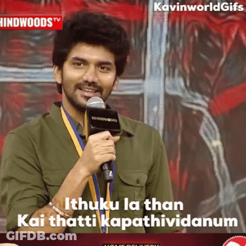 A Man Speaking Into A Microphone With The Words " Ithuku La Than Kai Thatti Kapathividanum " GIF