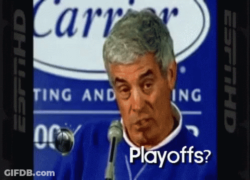 A Man Speaking Into A Microphone With The Words Playoffs Written On The Screen GIF