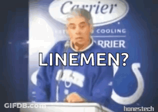A Man Standing At A Podium With The Words Linemen Written Above Him GIF