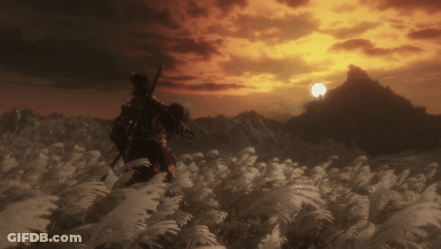 A Man Standing In A Field Of Tall Grass With A Mountain In The Background GIF