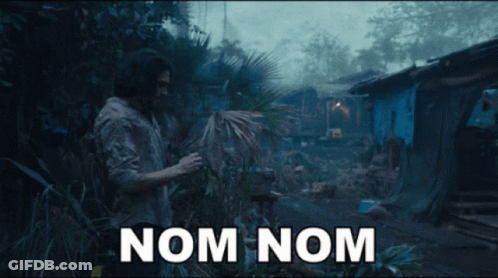 A Man Standing In A Field With Nom Nom Written In White GIF