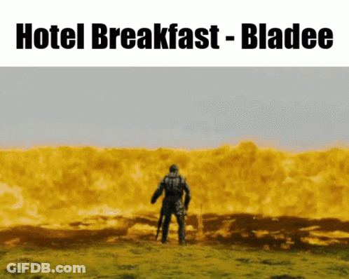 A Man Standing In A Field With The Words Hotel Breakfast Bladee Written Above Him GIF