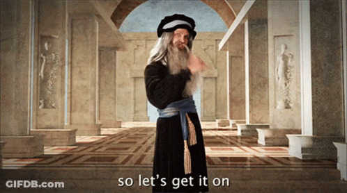 A Man Standing In A Hallway With The Words So Let 'S Get It On Behind Him GIF